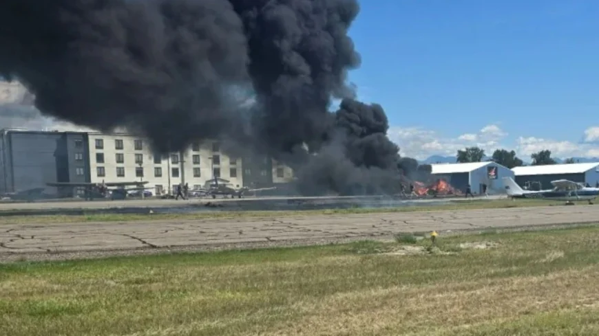 Small planes crash leaving huge blaze on runway at Montana airport...
